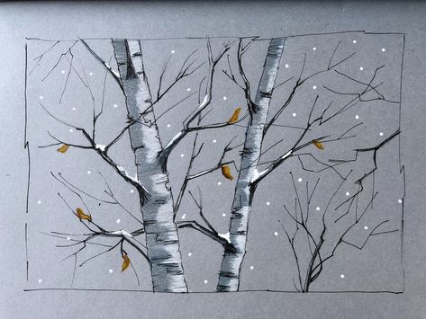 Trees In Winter Drawing, Snow Tutorial, Block Therapy, Winter Sketch, Peter Sheeler, Package Decoration, Winter Drawings, Fineliner Art, Christmas Package