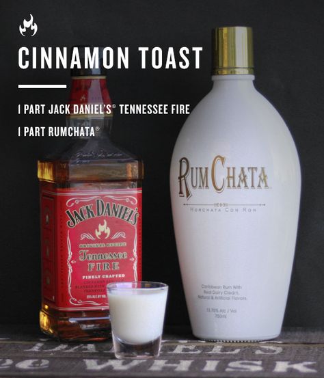 The Cinnamon Toast: Combine 1 part Jack Daniel's Tennessee Fire and 1 part RumChata. The hardest part is finding something to toast to. Drinks With Jack Daniels Honey, Jack Daniel Honey Mixed Drink, Jack Daniels Honey Drinks Recipes, Tennessee Honey Whiskey Drinks, Jack Daniels Honey Whiskey Drinks, Honey Jack Daniels Drinks Cocktails, Jack Daniels Honey Drinks, Rumchata Shots, Whiskey Woman