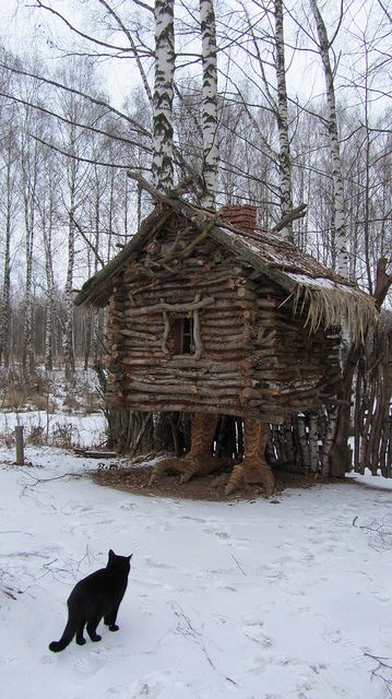 THIS CAT IS WONDERING, IF THIS CABIN HAS CHICKEN FEET "COULD THE HOUSE BE MADE OF CHICKEN TOO?" LOL❤️ Baba Yaga House, Baba Jaga, Slavic Mythology, Slavic Folklore, Yennefer Of Vengerberg, Rpg Map, Baba Yaga, A Black Cat, Chicken House