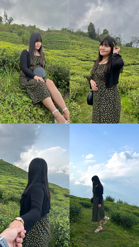 Tea Garden Poses, Pose For Garden Photography, Dress For Mountain Trip, Tea Garden Photography Pose, Sikkim Outfit Ideas Women, Tea Garden Outfit, Ooty Trip Outfit Women, Sikkim Photography Pose, Ooty Trip Outfit