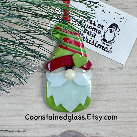 Gnome Christmas Ornament, Fused Glass Christmas Gnome Ornament, Holiday Decor, Glass Ornament, Lime Green Garden Gnome, Handmade Gift by CoonStainedGlass on Etsy Fused Glass Christmas, Glass Fusion Ideas, Gnome Ornaments, Gnome Christmas, Glass Fusion, Garden Gnome, Green Heart, Santa Ornaments, White Snowflake