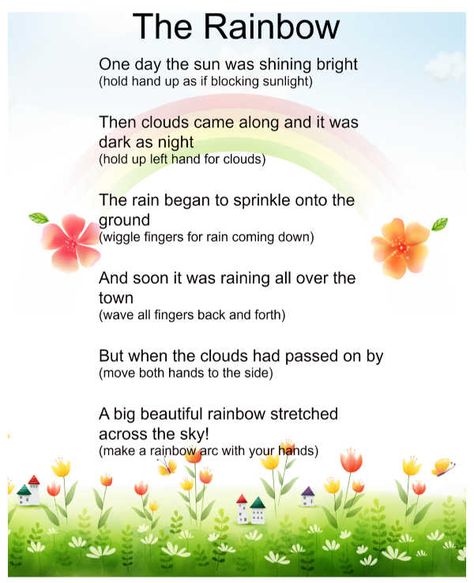 Rainbow Fingerplay and Books - One Time Through Poem In English, Rainbow Poem, Library Love, Rainbow Books, Preschool Poems, English Poem, Positive Parenting Advice, Rainbow Songs, Preschool Weather