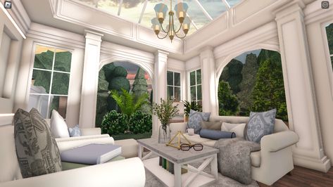 Bloxburg River Ideas, Bloxburg Coastal House Entrance, Coastal Grandmother Bloxburg House, Mederteranian House Bloxburg, Bloxburg Porch Ideas Aesthetic, Front Desk Bloxburg, Bloxburg Sorority House, Bloxburg Spring House Ideas, Bloxburg Sunroom Ideas