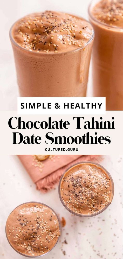 Tahini Date, Healthy Chocolate Smoothie, Nourishing Breakfast, Chocolate Tahini, Date Smoothie, Vegan Smoothie Recipes, Tasty Drinks, Vegan Drinks, Chocolate Smoothie