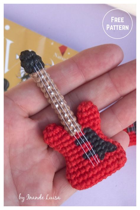 Crochet Guitar Amigurumi, Free Crochet Pattern Wrench, Crochet Music Pattern Free, Crochet Bass Guitar, Music Crochet Patterns, Crochet Guitar Applique, Guitar Knitting Pattern, Electric Guitar Crochet, Crochet Musical Instruments