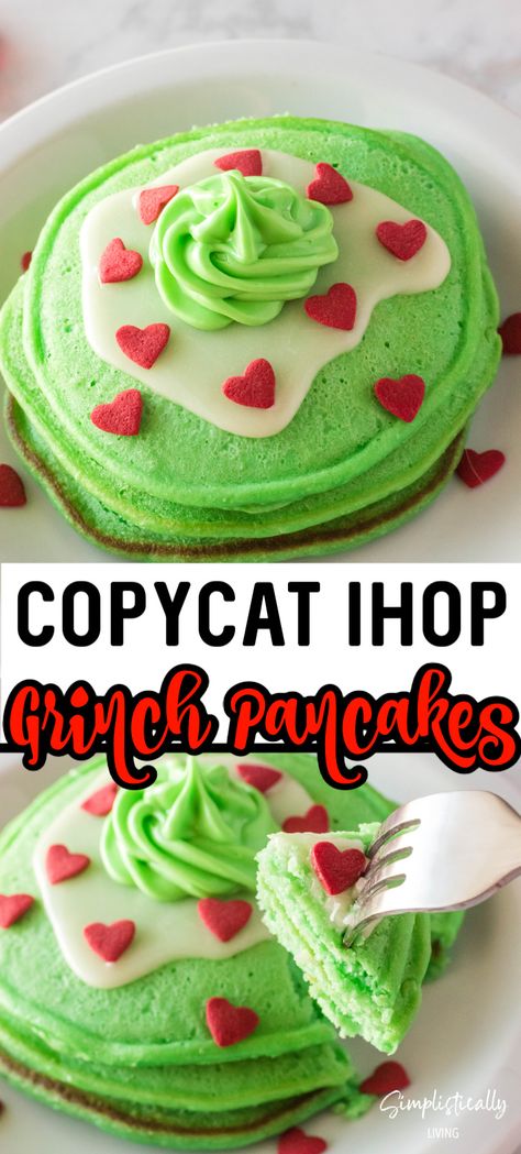 Ihop Pancake Recipe Copycat, Grinch Pancakes, I Hop Pancake Recipe, Christmas Pancakes, Green Pancakes, Whipped Cream Cheese Frosting, Candy Sprinkles, Whipped Cream Cheese, Cream Cheese Icing