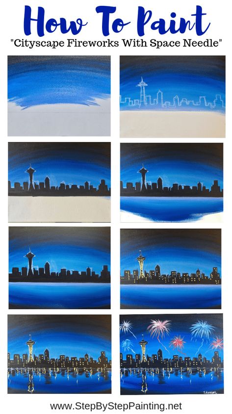 How To Paint City Skyline With Space Needle - Step By Step Painting Painting Instructions, Skyline Painting, Canvas Painting Tutorials, Cute Canvas Paintings, Easy Canvas Painting, Canvas Painting Diy, Acrylic Painting Tutorials, Simple Acrylic Paintings, Cityscape Painting