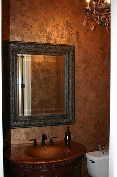 Another beautiful bath finish...we call it rustico.  A combination of bronze and copper with just a bit of black peeking through. Plaster Bathroom, Copper Bedroom, Bath Powder, Faux Walls, Wall Painting Techniques, Copper Paint, Faux Painting, Venetian Plaster, Copper Wall