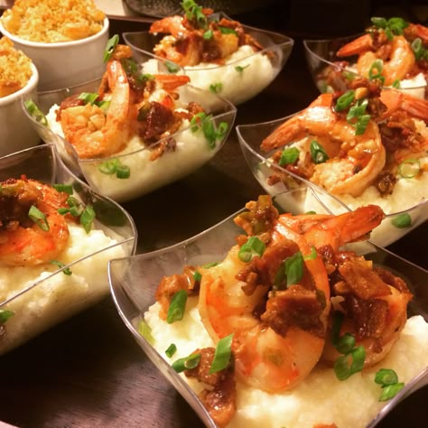 Shrimp and White Cheddar Grits #shrimp #grits #pittsburgh #catering  www.facebook.com/lyndseycatering Shrimp And Grits Plating, Shrimp And Grits In A Cup, Shrimp Wedding Appetizers, Shrimp And Grits Presentation, Shrimp And Grits Cups, Shrimp And Grits In Martini Glasses, Shrimp And Grits Party, Shrimp And Grits Catering, Shrimp And Grits Display