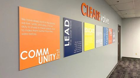 Interior Signage | Excel Signs & Design | Sign Company | St. Louis,MO Marketing Office Interior Design, Company Sign Board, Marketing Office Design, Core Values Design, Values Wall, School Corridor, Internal Branding, Corporate Poster, Healthcare Advertising