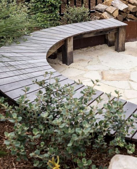 Curved Outdoor Benches, Coastal Colour Palette, Timber Bench Seat, Garden Bench Seating, Outdoor Bench Seating, Industrial Garden, Sandstone Paving, Tiered Garden, Home Landscaping