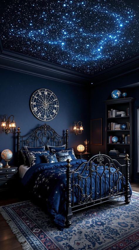 Dark Fantasy Bedroom Ideas Bedroom At Night Dark, Night Sky Bedroom Adult, Starry Bedroom Ideas, Night Court Bedroom Aesthetic, Night Court Bedroom, Midnight Blue Room, Star Bedroom Aesthetic, Dark Whimsical Bedroom, Mystical Bedroom Ideas