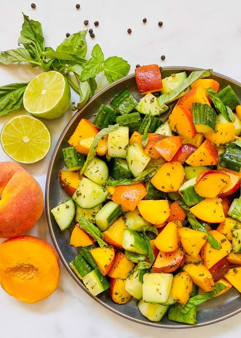 Peach Basil, Basil Salad, Summertime Salads, Basil Vinaigrette, Meat Salad, Peach Salad, Refreshing Salad, Cucumber Recipes, Peach Recipe