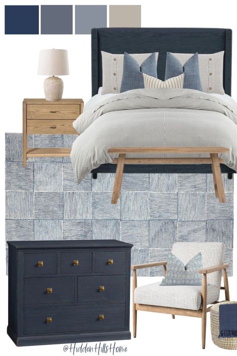 Hanson Upholstered Bed, Blue Upholstered Bed, Urban Kitchen Design, Mood Board Bedroom, Masculine Bedroom Decor, Masculine Bedroom, Big Boy Bedrooms, Blue Bedroom Decor, Guest Room Office