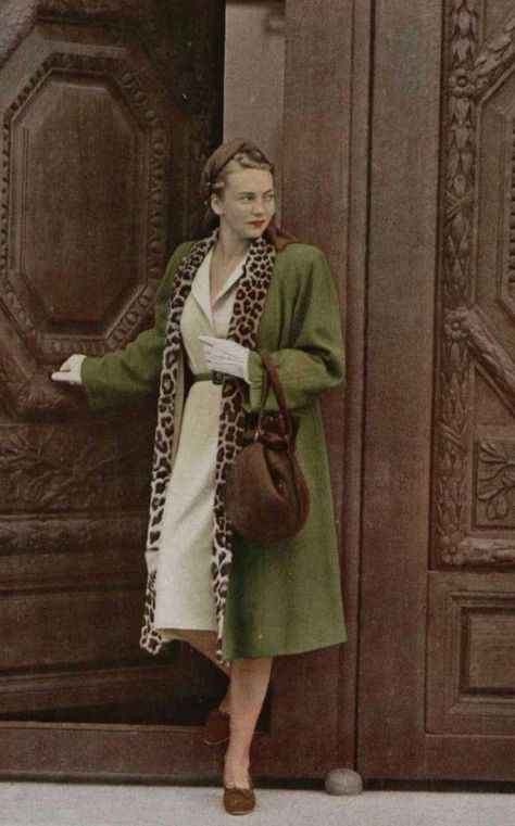 gorgeous greena nd leopard coat 1940's Fashion - young woman's wardrobe plan | Glamourdaze 1940 Fashion, Wardrobe Plan, 1940s Fashion Women, 1940s Women, 1940s Woman, 1940s Outfits, 1940's Fashion, Fashion 1940s, Wardrobe Planning