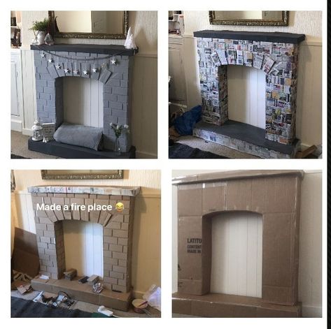 Faux Fireplace Diy Cardboard, Fake Fireplace Diy, Diy Christmas Fireplace, Cardboard Fireplace, Fake Fireplace, Faux Fireplace Diy, Anniversaire Harry Potter, Easy Christmas Decorations, Faux Fireplace