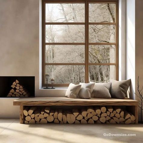 If your benches or seating are more regular-shaped and not a standalone piece, you can still store firewood neatly under them like in this picture. Indoor Firewood Storage, Living Room Bench Seating, Indoor Bench Seating, Store Firewood, Firewood Storage Indoor, Fireplace Windows, Window Bench Seat, Wall Bench, Window Benches