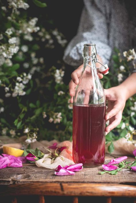 Rose Simple Syrup {Video} | Fare Isle | Kaity Farrell Rose Simple Syrup, Ginger Simple Syrup, Eating Flowers, Strawberry Simple Syrup, Rose Syrup, Rose Simple, Edible Roses, Ginger Syrup, Strawberry Syrup