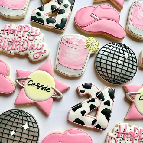 Cookies 21st Birthday, Cowgirl Disco Cookies, Space Cowgirl Cookies, Disco Cowgirl Cookies Decorated, Pink Cowgirl Cookies, 21st Birthday Cowgirl Theme, 21st Birthday Cookies For Girl, Space Cowgirl Cake, Disco Cowgirl Cookies