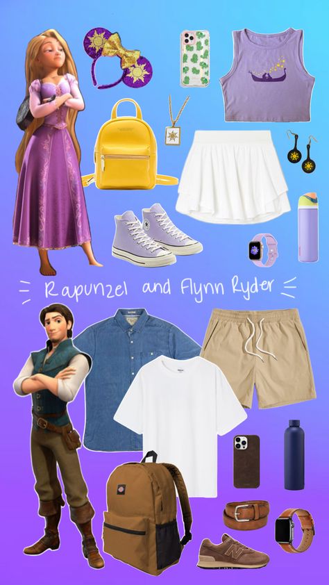 What to wear to Disney - Rapunzel and Flynn Ryder - Couples Outfit Disney Couple Outfits, Rapunzel Outfit, Disney Princess Inspired Outfits, Flynn Ryder, What To Wear To Disney, Disney Bound Outfits Casual, Disney Trip Outfits, Disney Outfits Women, Princess Inspired Outfits