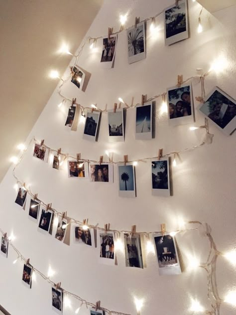 #lights #polaroid #wall #walldecor #tumblr Polaroid Light Wall, Polaroid Wall With Lights, Photo Wall Ideas Polaroid, Polaroids On Wall Ideas, Room Ideas Polaroid Wall, Fairy Lights With Polaroids, Fairy Light Polaroids, Polaroid Wall Lights, Wall Of Polaroids