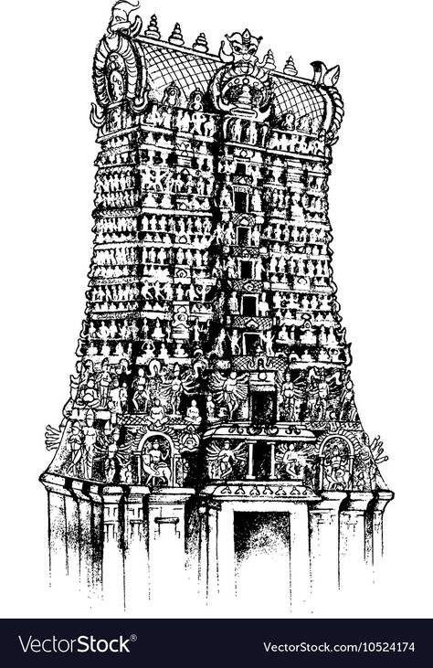 Meenakshi Temple Drawing, Meenakshi Temple Sketch, Madurai Illustration, Temple Architecture Sketch, Temple Illustration Indian, Temple Art Drawing, Temple Tattoo Design, Temple Gopuram, Temple Vector