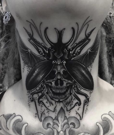 Creepy Throat Tattoo, Insect Neck Tattoo, Skull Throat Tattoo, Blackwork Neck Tattoo, Satanic Tattoos, Throat Tattoo, Insect Tattoo, Bug Tattoo, Neck Tattoos Women