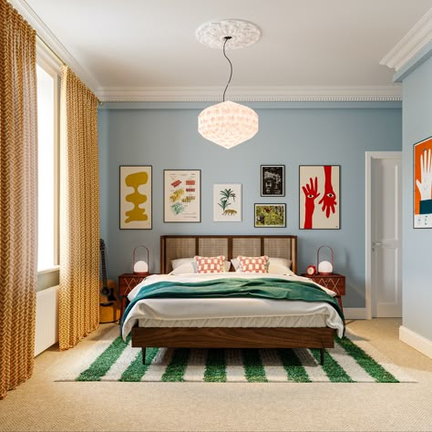 How to design a dream master bedroom | My Home Extension Bold Blue Bedroom, Colourful Bedroom Ideas Bright, Colorful Contemporary Bedroom, Colourful Spare Room, Calm Bedroom Wallpaper, Bedroom Eclectic Modern, Mid Century Blue Bedroom, Colourful Master Bedrooms Decor, Funky Master Bedrooms Decor