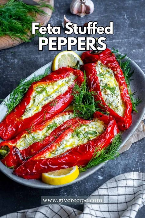 Feta Stuffed Peppers Baked, Greek Feta Stuffed Peppers, Summer Stuffed Peppers, Recipes For Feta Cheese, Appetizers With Peppers, Stuffed Hot Peppers Recipes, Stuffed Vegetables Recipes, Greek Peppers, Roasted Mini Peppers