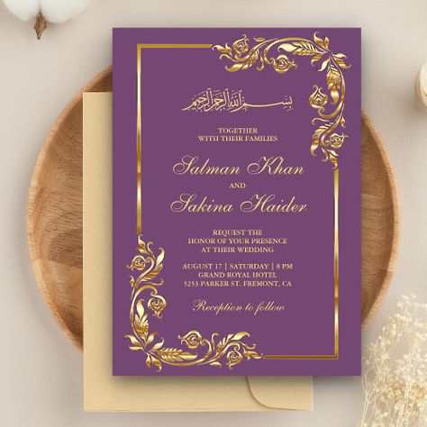 $2.95 | Purple and Gold Floral Border Islamic Wedding #muslim, wedding, nikah, walima, bismillah, flourish, leaves, frame, elegant, faux gold foil Gilderoy Lockhart, Marriage Invitation Card, Purple And Gold Wedding, Minted Wedding Invitations, Foil Texture, Gold Foil Texture, Flourish Design, Wedding Muslim, Marriage Invitations