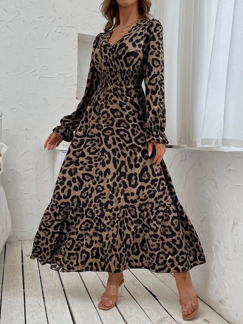 Allover Print Flounce Sleeve Shirred Dress | SHEIN USA Animal Print Clothes, Cream Floral Dress, Colorful Maxi Dress, Ruffle Trim Dress, Balloon Sleeve Dress, Shirred Dress, Polly Dress, Color Wedding, Theme Color