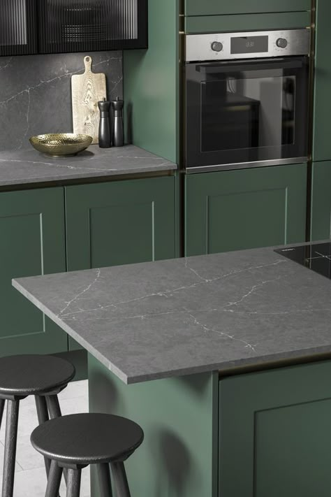 10 Best Gray Kitchen Countertops Grey Worktop Kitchen, Grey Kitchen Countertops, Green Kitchen Cupboards, Gray Kitchen Countertops, Dark Grey Kitchen Cabinets, Tile Countertops Kitchen, Quartz Worktop, Black Kitchen Countertops, Green Kitchen Designs