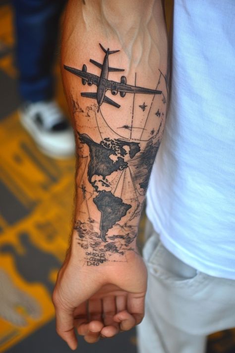 Person with a tattoo of a world map and airplane on their forearm. Travel Tattoo Ideas For Women, Wanderlust Tattoos, Travel Tattoo Ideas, Compass Tattoos, Airplane Window View, Travel Tattoos, World Map Design, Faith Tattoo, Map Outline