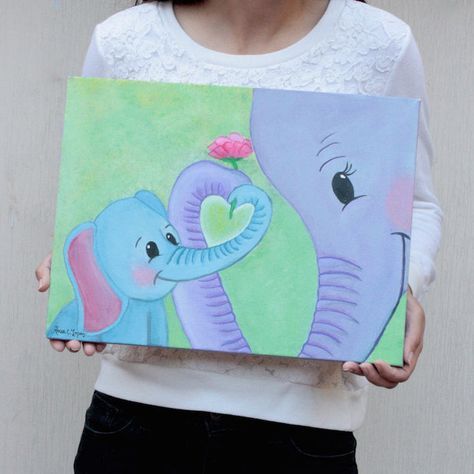 Elephant Wall Art Nursery, Elephant Nursery Art, Original Canvas Painting, Elephant Canvas, Baby Painting, Cute Canvas Paintings, Kids Canvas, Elephant Painting, Painting Ideas On Canvas