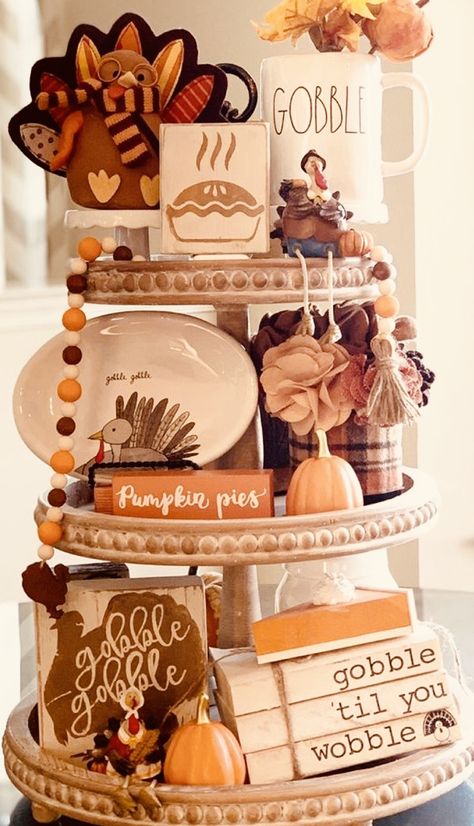 Tiered Centerpiece, Wine Nook, Three Tiered Tray, Three Tier Tray, Fall Tray, Fall Feeling, Thanksgiving School, Tray Decor Christmas, Fall Tiered Tray Decor