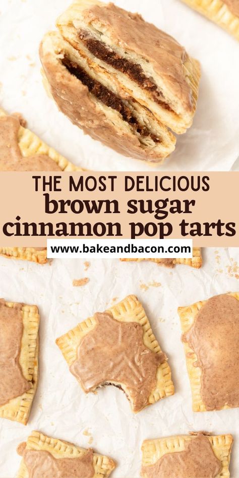 These flaky, buttery pop tarts are full of a homemade brown sugar cinnamon filling. They are topped with a brown sugar glaze and so delicious. They are made from scratch. Brown Sugar Cinnamon Pop Tarts, Cinnamon Pop Tarts, Brown Sugar Pop Tarts, Bake Bacon, Homemade Brown Sugar, Poptart Recipe, Sugar Pop, Pop Tart, Baked Bacon