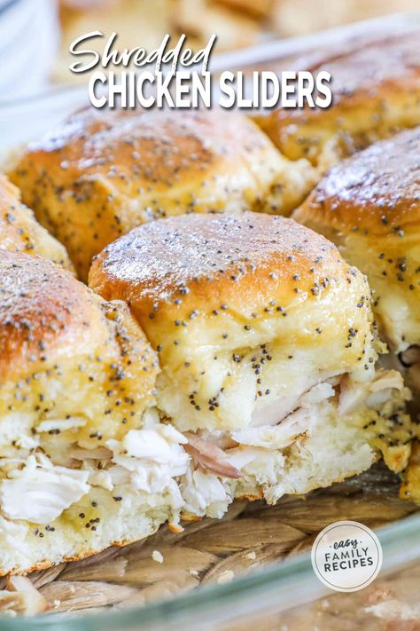 Shredded Chicken Sliders are an easy, crowd-pleasing meal or appetizer. They're made with soft and sweet Hawaiian rolls layered with juicy shreds of chicken, melty provolone, and a honey mustard glaze. Rotisserie Chicken Sliders, Shredded Chicken Sliders, Chicken Sliders Recipes, Healthy Sliders, Easy Chicken Sliders, Grad Food, Sliders Recipes Hawaiian Rolls, Sliders Easy, Perfect Baked Chicken