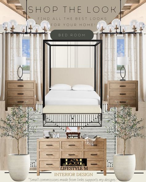 Mood board for a master bedroom design. King Canopy Bed Master Bedrooms Ideas, Chairs In Front Of Bed Master Bedrooms, Canopy Master Bed Ideas, Metal Upholstered Bed, Canopy Bedroom Ideas For Adults, Bedroom Inspirations Master Canopy Bed, Canopy Bed Styling, Bedroom Inspirations Master Metal Bed, Wood And Black Metal Bedroom