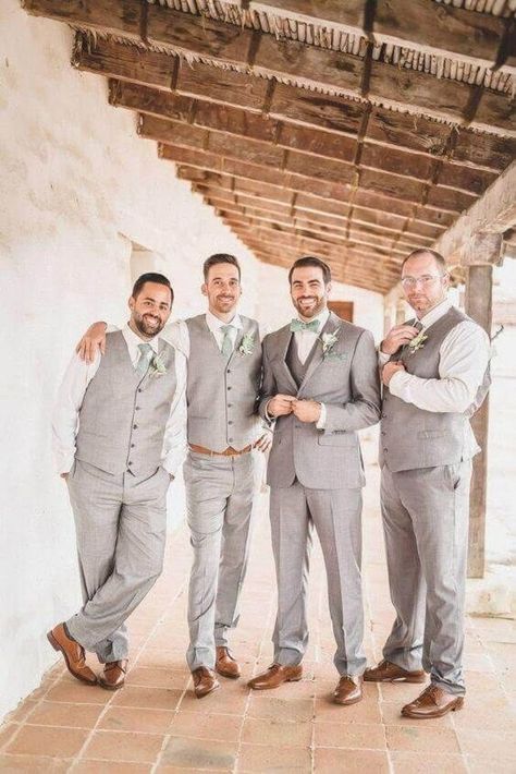 Sage wedding colors { Sage green wedding theme } Light Grey Wedding Suit Groom Attire, Gray Mens Wedding Attire, Groomsmen Attire Light Grey, Grey And Green Groomsmen Attire, Groomsmen Attire Bowtie, Light Grey Suit Men Wedding, Gray Groomsmen Attire, Gray Wedding Suits, Gray Wedding Suit