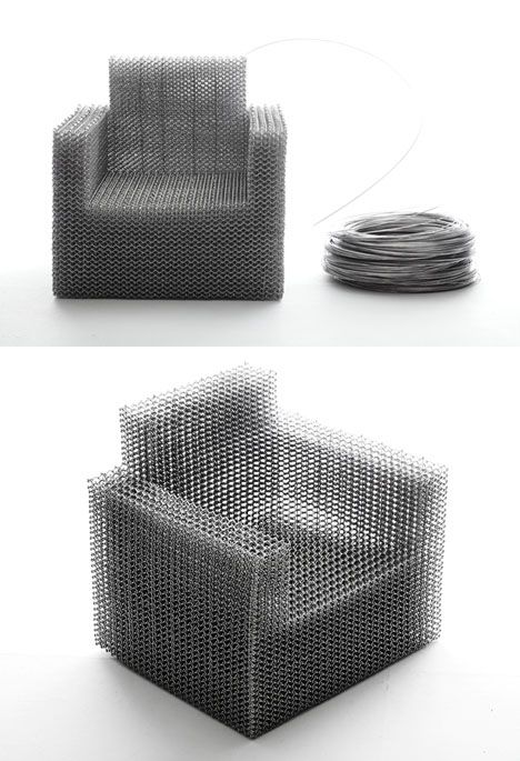 Kouichi Okamoto's Aluminum Wire Composition Chair Chain Furniture, Chain Fence, Aluminium Furniture, Aluminium Chair, Innovative Materials, Wire Chair, Calendar Of Events, Aluminum Chairs, Public Seating