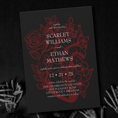 Gothic Elegant Red & Black Floral Heart Wedding In Invitation Elegant Halloween Wedding Invitations, Black And Red Christmas Wedding, Black And Red Wedding Invites, Black And Red Gothic Wedding Theme, Red And Black Gothic Wedding, Red And Black Wedding Aesthetic, Black And Wine Red Wedding, Black And Red Wedding Theme Decor, Red And Black Theme Wedding