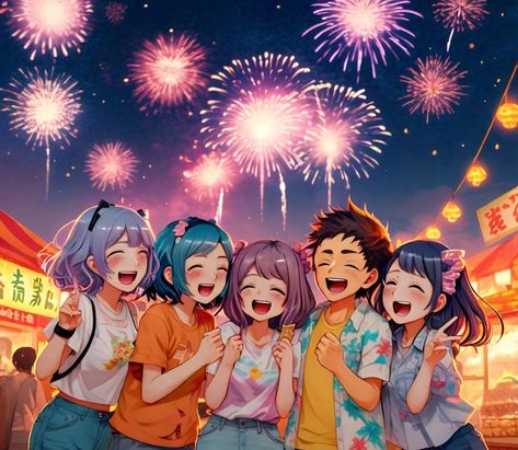 Joyful anime friends are seen celebrating a summer festival, with colorful fireworks lighting up the sky behind them. Colorful Fireworks, Anime Friends, Summer Festival, Fireworks, The Sky, Illustration Art, Festival, Celebrities, Lighting