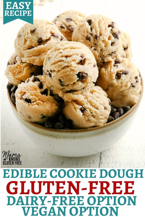 An easy recipe for gluten-free cookie dough that is made in just minutes! This edible chocolate chip cookie dough recipe also egg-free and has a dairy-free and vegan option. Edible Cookie Dough For Two, Cookie Dough For Two, Gluten Free Chocolate Chip Cookie Dough, Cookie Dough Healthy, Dairy Free Cookie Dough, Edible Cookie Dough Healthy, Mama Knows Gluten Free, Chocolate Chip Cookie Dough Recipe, Edible Chocolate Chip Cookie Dough