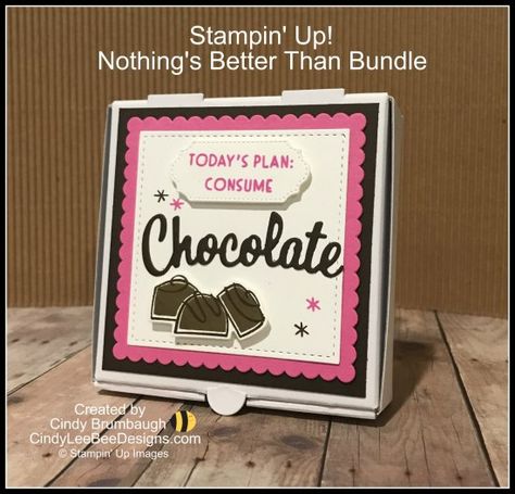 Stampin’ Up! Nothing’s Better Than with a MIni Pizza Box | Cindy Lee Bee Designs A2 Card Box, Miniature Chocolate, Bee Designs, Cute Gifts For Friends, Staff Gifts, Pizza Box, Pizza Boxes, Coffee Cards, Candy Holder