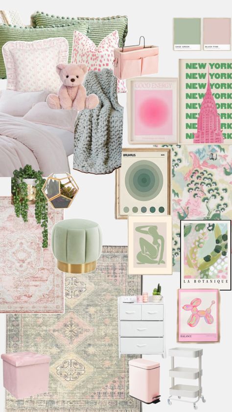 Green And Pink Dorm Room Aesthetic, Light Green Dorm Room, Pink And Green Dorm Decor, Dorm Ideas Green, Light Pink And Green Room, Preppy Pink And Green Bedroom, Light Pink And Green Dorm Room, Mint Green And Pink Dorm Room, Green And Pink Dorm