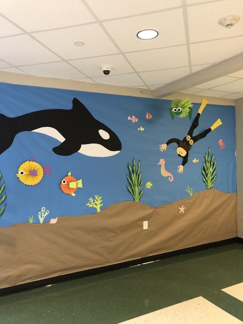 Ocean Wall For Classroom, Sea World Decoration School, Under The Sea Wall Decor, Ocean Themed Hallway Decorations, Classroom Ocean Decor, Ocean Decorations For The Classroom, Whale Decoration, Under The Sea Classroom Theme, Vbs Ocean Theme