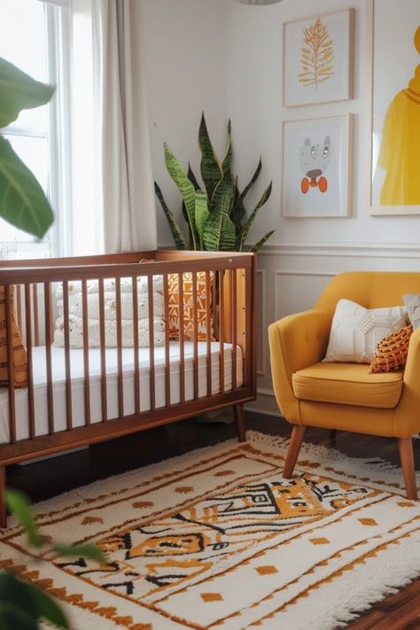 A vibrant nursery decorated with colorful accents and cheerful motifs. Discover styled ideas for diversely themed baby rooms, infusing brightness with adorable decor, one image showcased. Colorful Modern Nursery, Fun Baby Girl Nursery, Simple Colorful Nursery, Retro Nursery Girl, Unique Nursery Ideas Colorful, Warm Nursery Ideas, 70s Nursery Theme, Modern Colorful Nursery, Baby Nursery Ideas Colorful