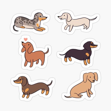 Get my art printed on awesome products. Support me at Redbubble #RBandME: https://www.redbubble.com/i/sticker/Dachshund-a-cute-cartoon-dachshund-dog-pack-illustration-pattern-for-dachshund-owners-by-Yarafantasyart/134418517.EJUG5?asc=u Arte Dachshund, Dachshund Illustration, Dog Pack, Happy Stickers, Dachshund Art, Boo Basket, Beagle Mix, Different Dogs, Dachshund Lovers