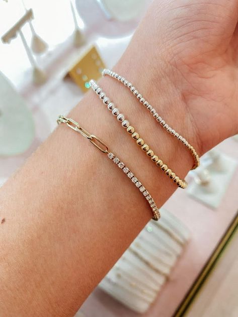 We love our half & half stretch bracelets, and you can't go wrong with our paperclip tennis bracelets!! #lemel #mylemel #bracelets #paperclipbracelets #diamonds #emerald #turquoise #best #shopsmall