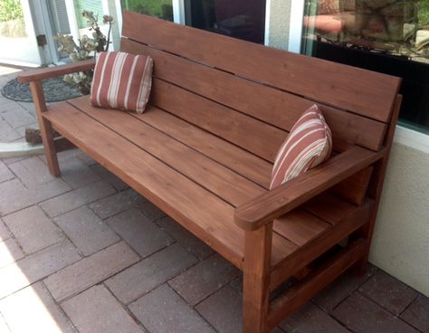 Outdoor Patio Bench Diy, Outside Wooden Bench, Outdoor Wood Bench With Back, Bench Wood Outdoor, Diy Bench With Backrest, Diy Wood Bench With Back, Modern Garden Bench, Diy Wood Bench Outdoor, Outdoor Diy Bench